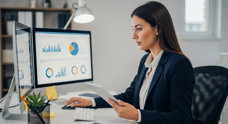 Woman analyzing market research data on a computer and tablet.