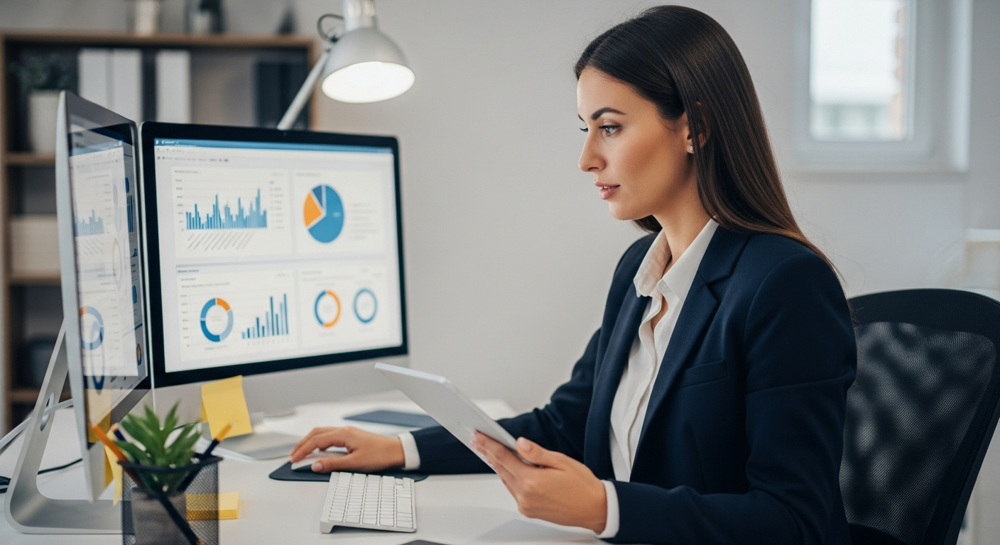 Woman analyzing market research data on a computer and tablet.