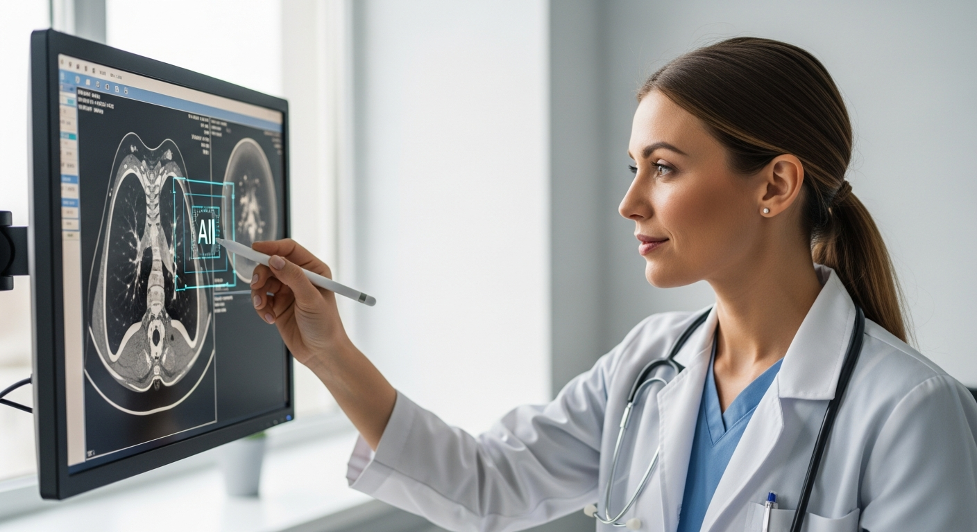A woman radiologist analyzes a medical scan on a monitor.