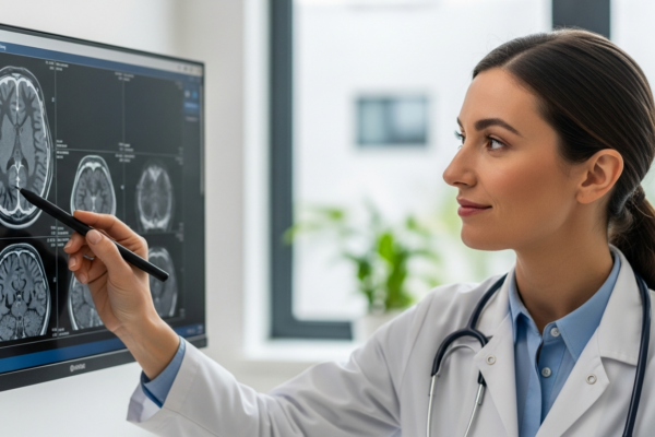 A woman radiologist analyzes a medical scan using AI tools.