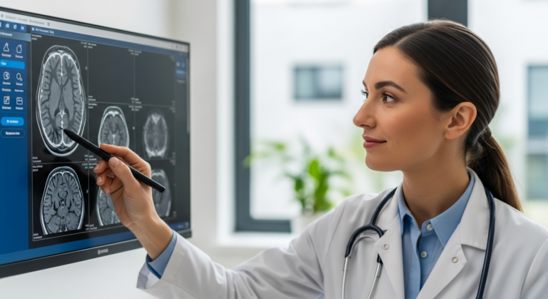 A woman radiologist analyzes a medical scan using AI tools.