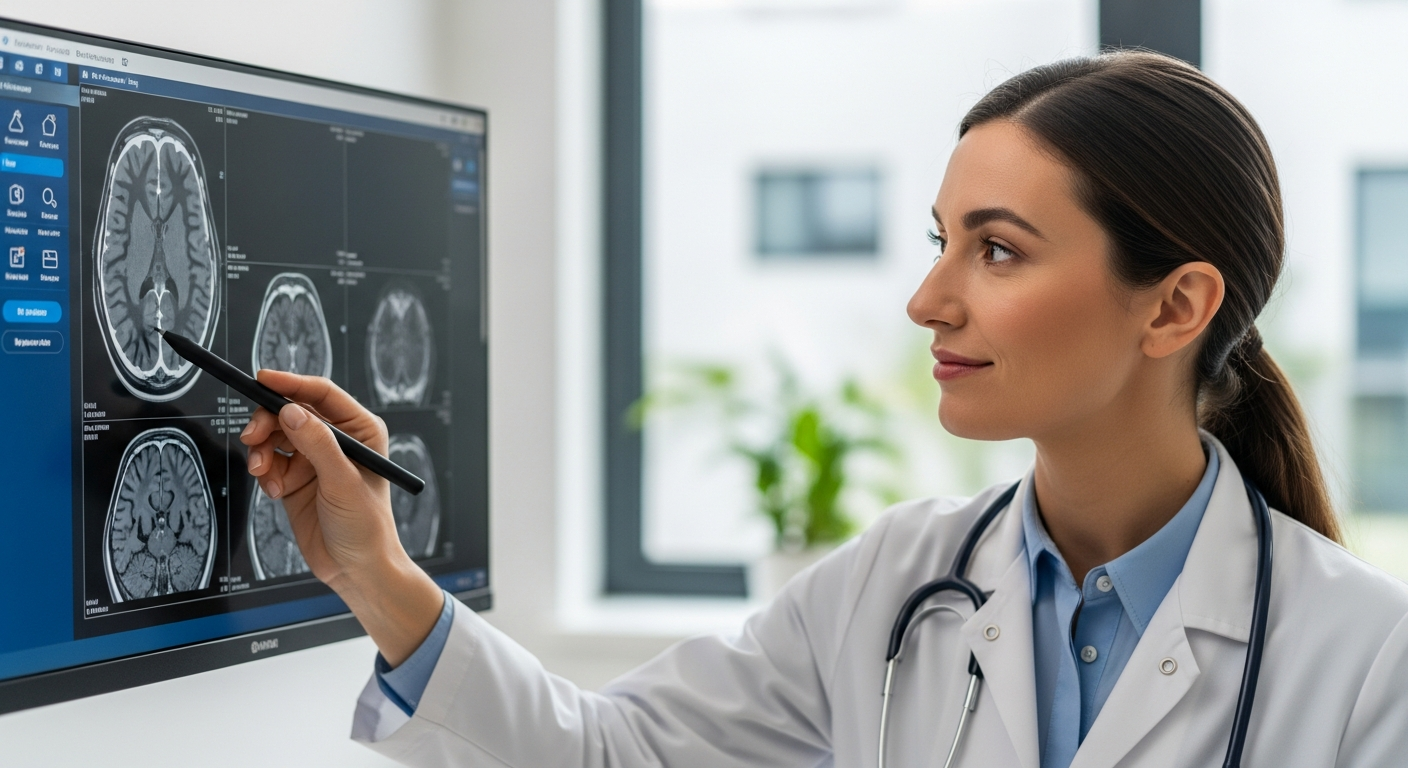 A woman radiologist analyzes a medical scan using AI tools.
