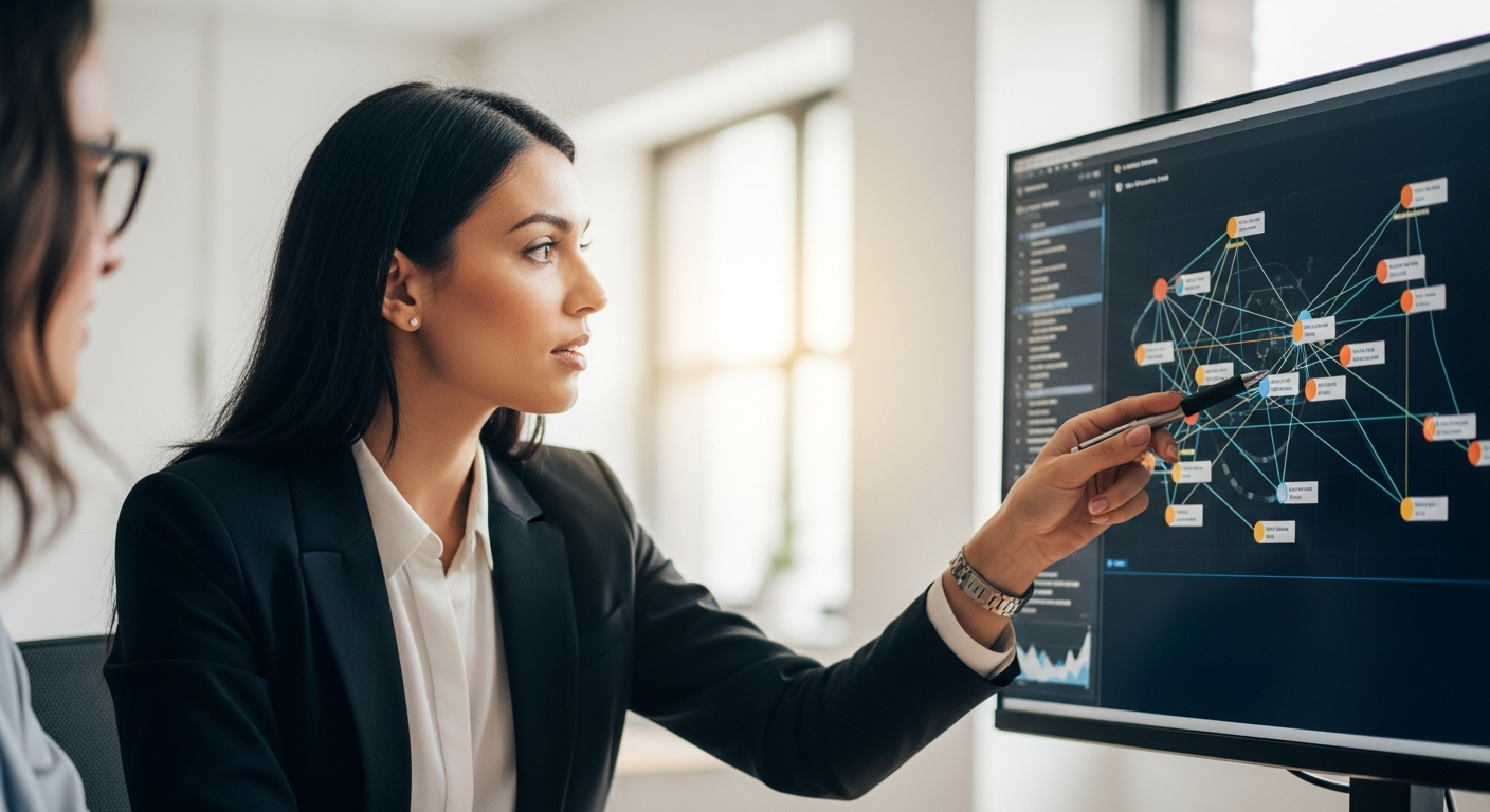 A woman analyzes a network graph on a computer screen.