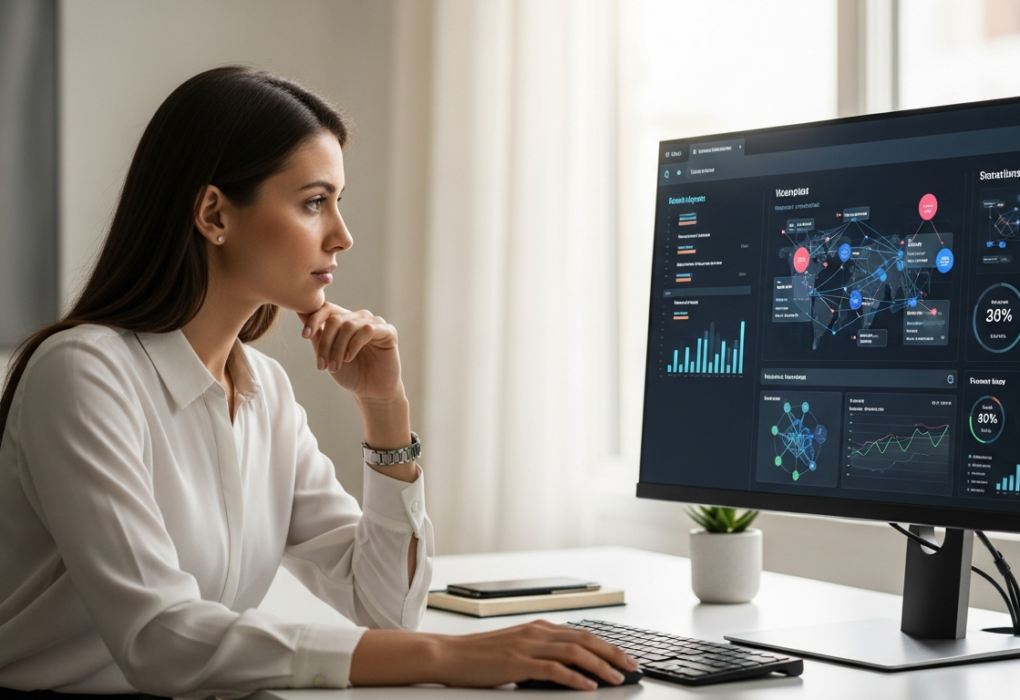 A woman analyzes a network diagram on a computer screen.