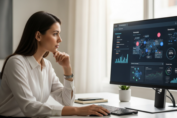 A woman analyzes a network diagram on a computer screen.