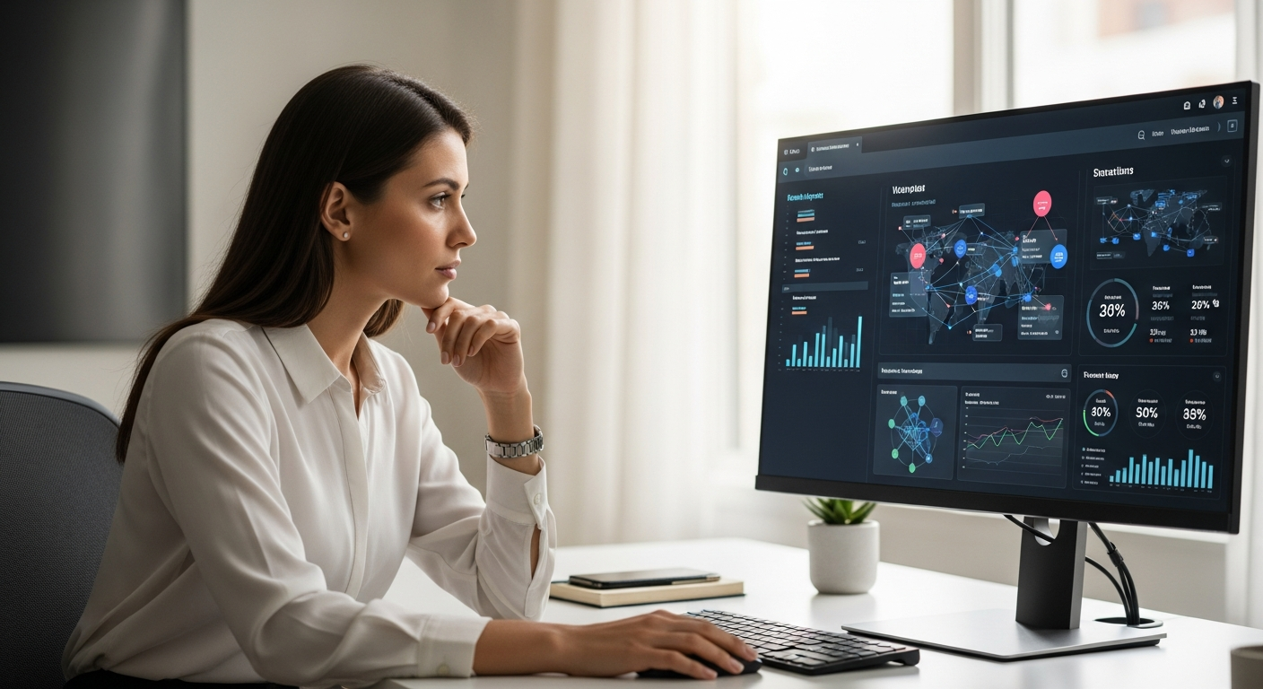 A woman analyzes a network diagram on a computer screen.