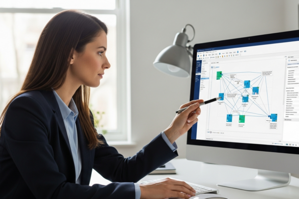 Woman analyzes patent data on a computer screen in an office