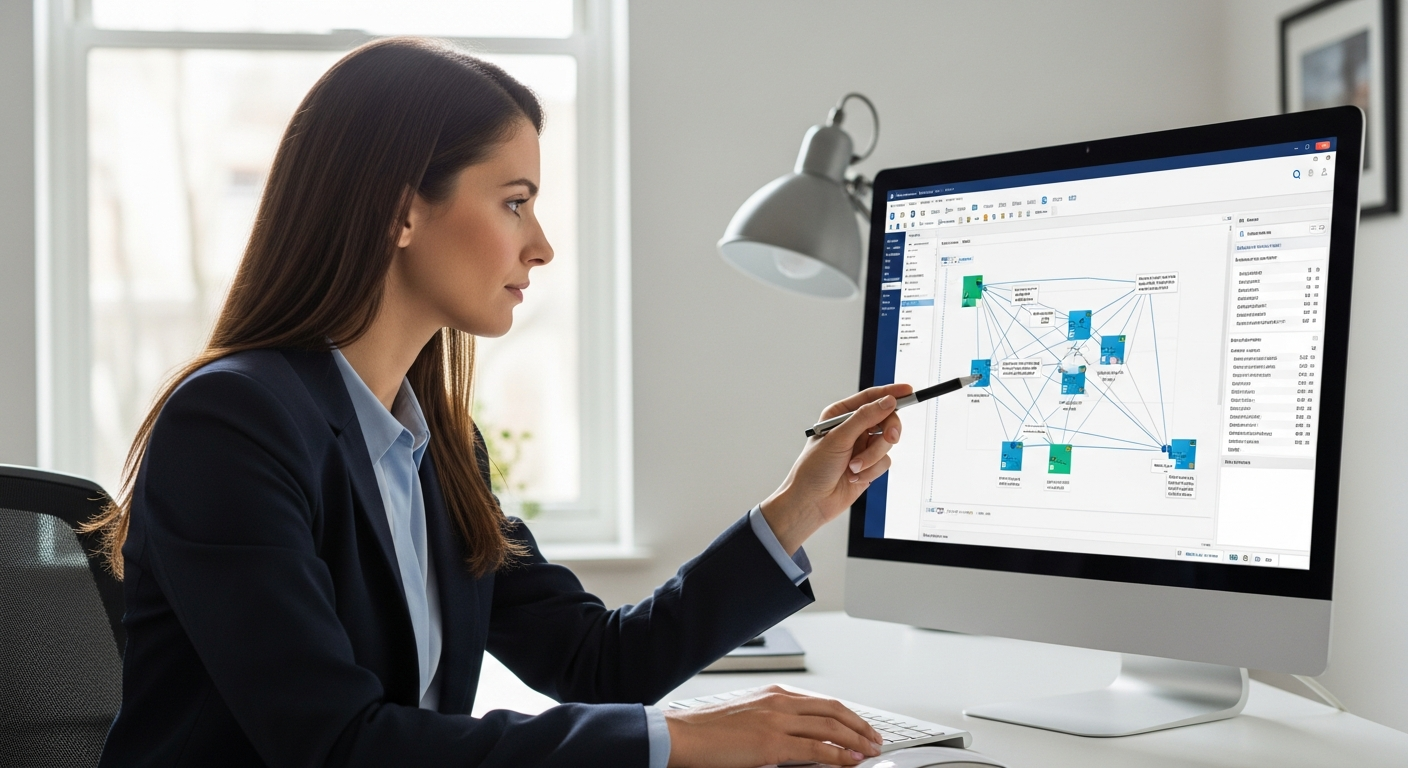 Woman analyzes patent data on a computer screen in an office