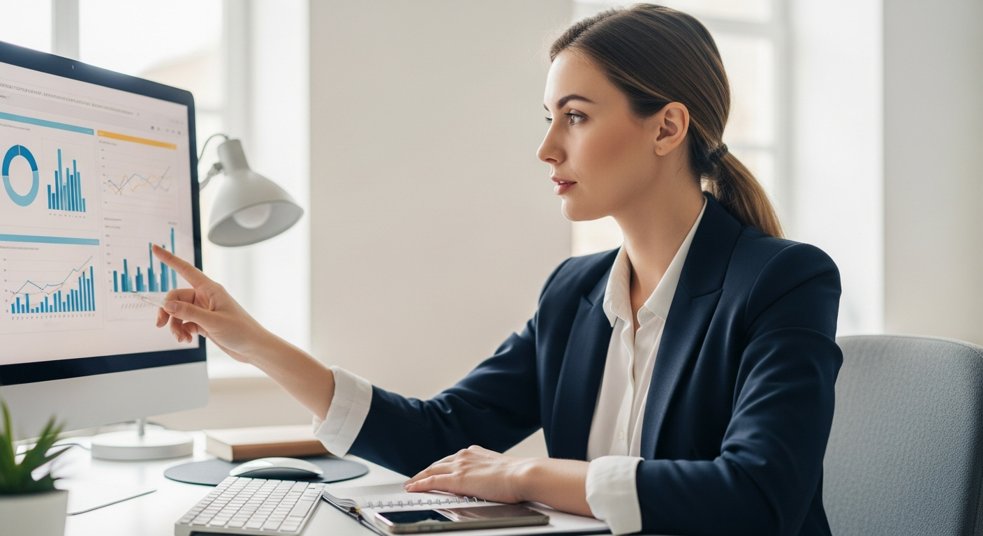 Woman analyzes product data on a computer screen in an office.