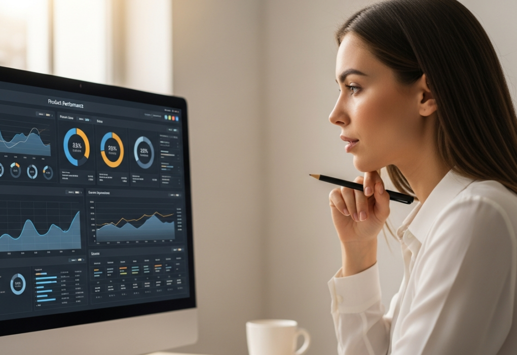 Woman analyzes product data on computer screen