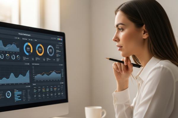 Woman analyzes product data on computer screen