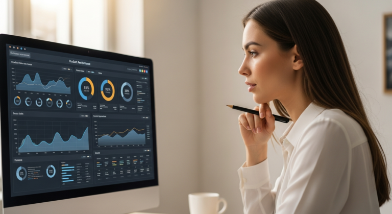 Woman analyzes product data on computer screen