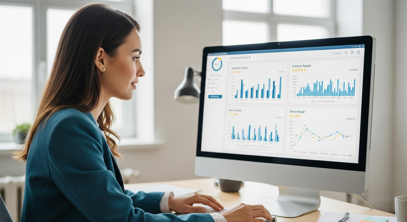 Woman analyzes customer sentiment data on a computer.
