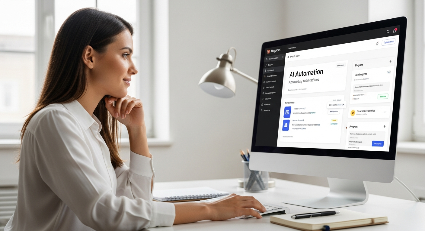 A woman uses AI project management software on a computer.