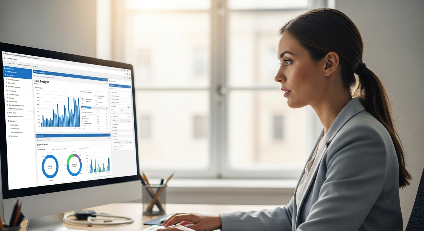 A woman analyzes risk using AI software on a computer.