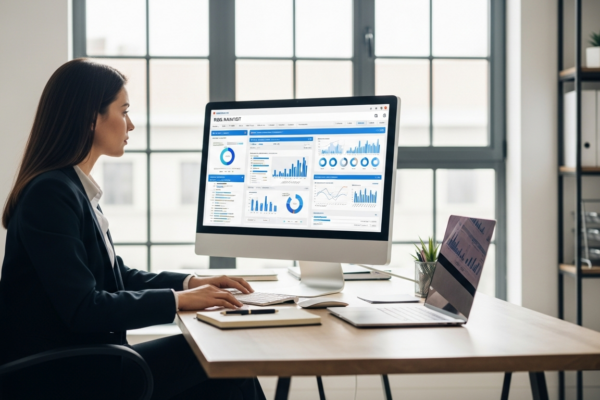 A woman analyzes risk using AI software on her computer.