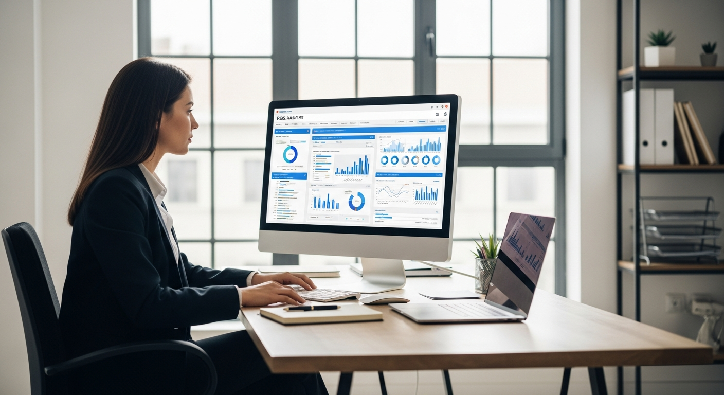 A woman analyzes risk using AI software on her computer.