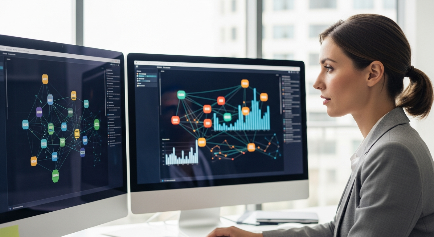 Woman analyzes risk factors on a computer screen.