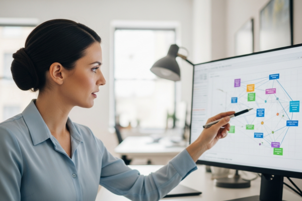 A woman analyzes risk factors on a computer screen.
