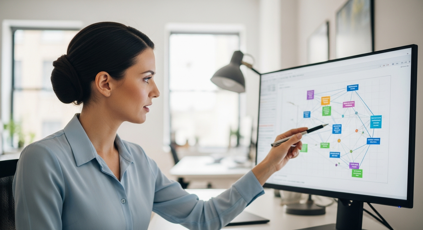 A woman analyzes risk factors on a computer screen.