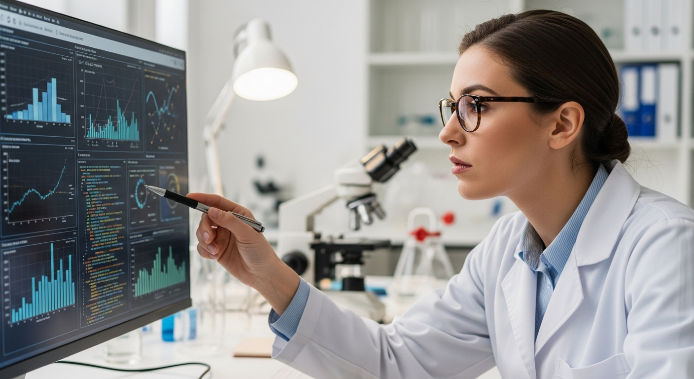 A woman analyzes scientific data on a computer screen in a laboratory.