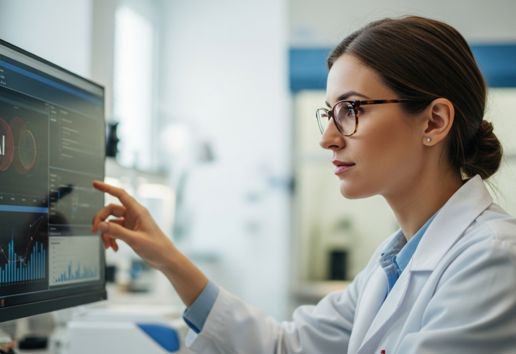 A woman analyzes scientific data using AI software in a laboratory.