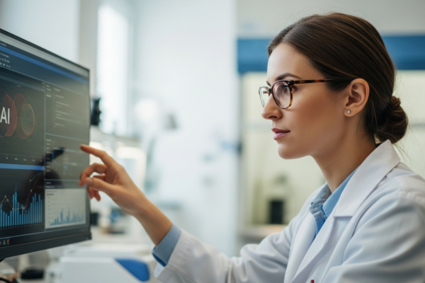 A woman analyzes scientific data using AI software in a laboratory.