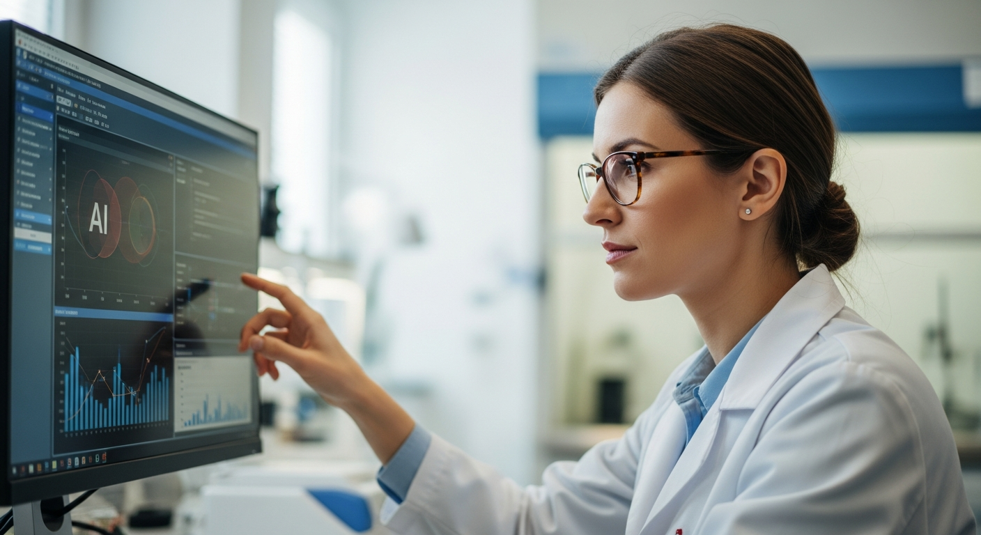 A woman analyzes scientific data using AI software in a laboratory.