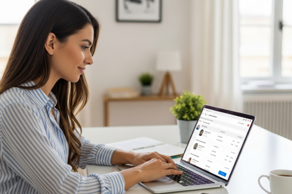 Woman analyzes product sentiment using AI software on her laptop