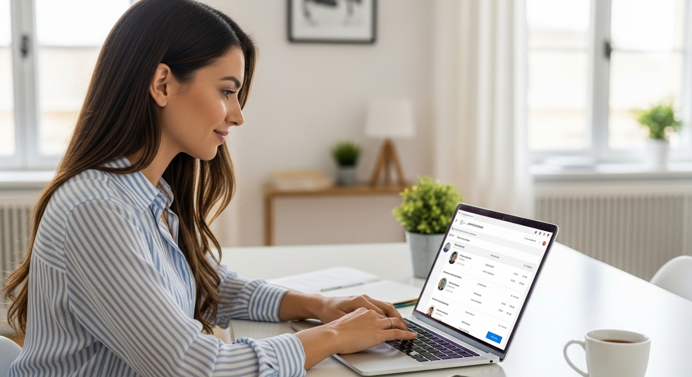 Woman analyzes product sentiment using AI software on her laptop