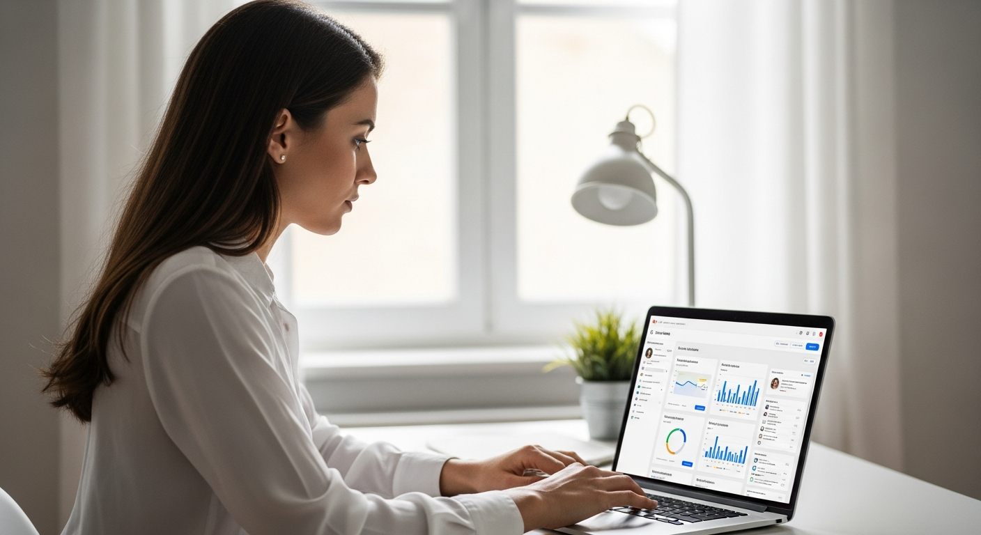 Woman analyzes social media data on a laptop