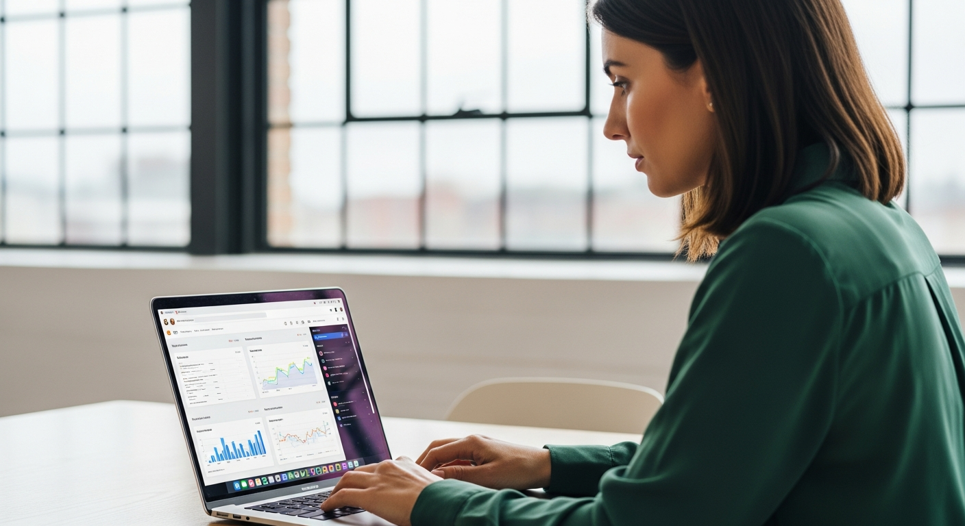Woman analyzes social media data on a laptop.