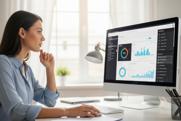 Woman analyzes social media data on a computer screen
