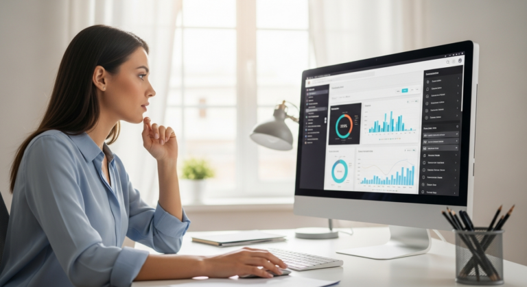 Woman analyzes social media data on a computer screen