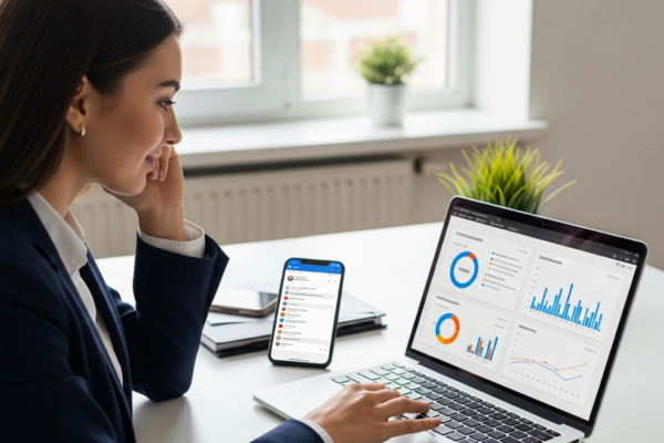 Woman analyzing social media performance on laptop