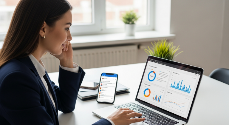 Woman analyzing social media performance on laptop
