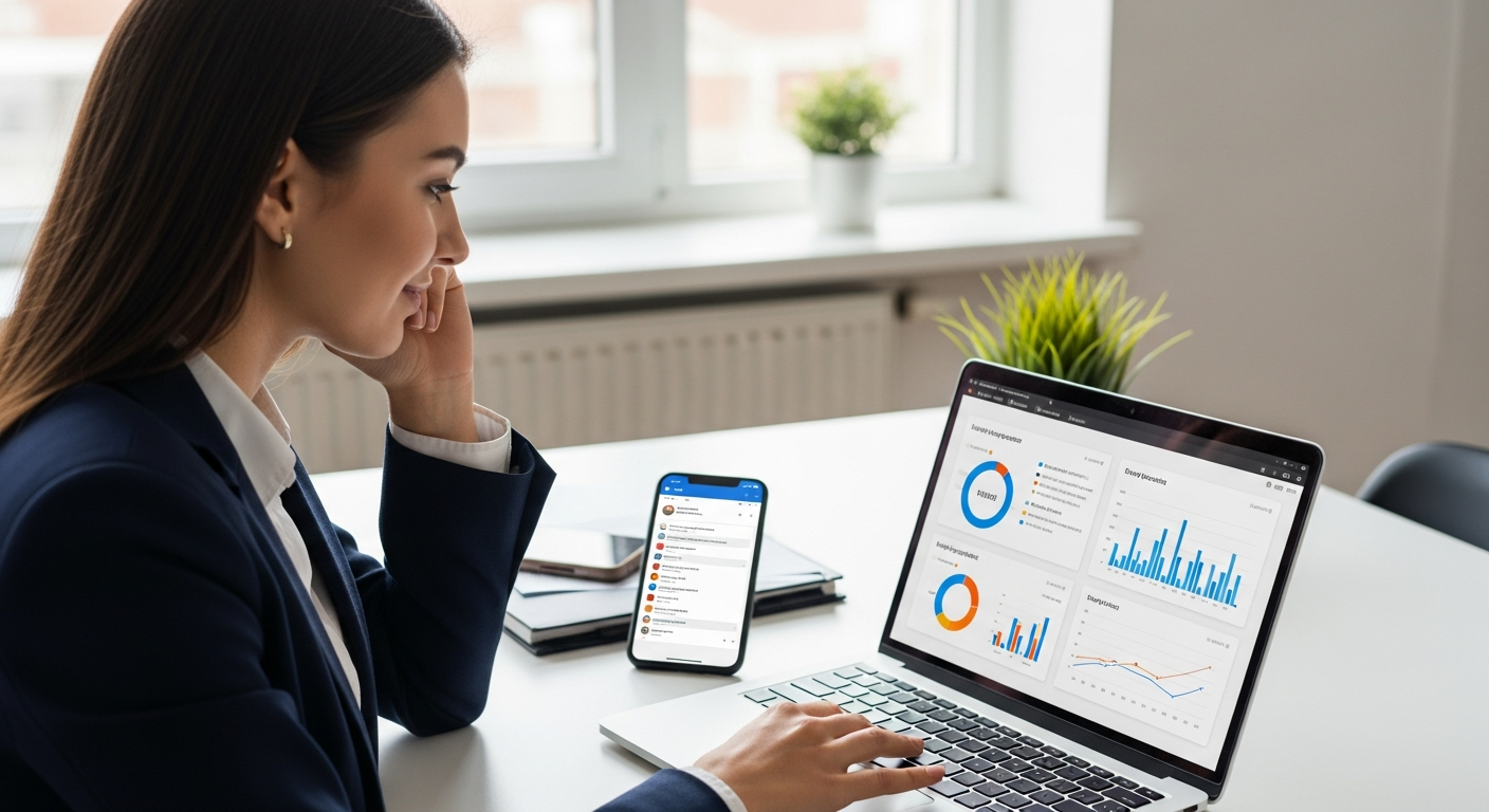 Woman analyzing social media performance on laptop