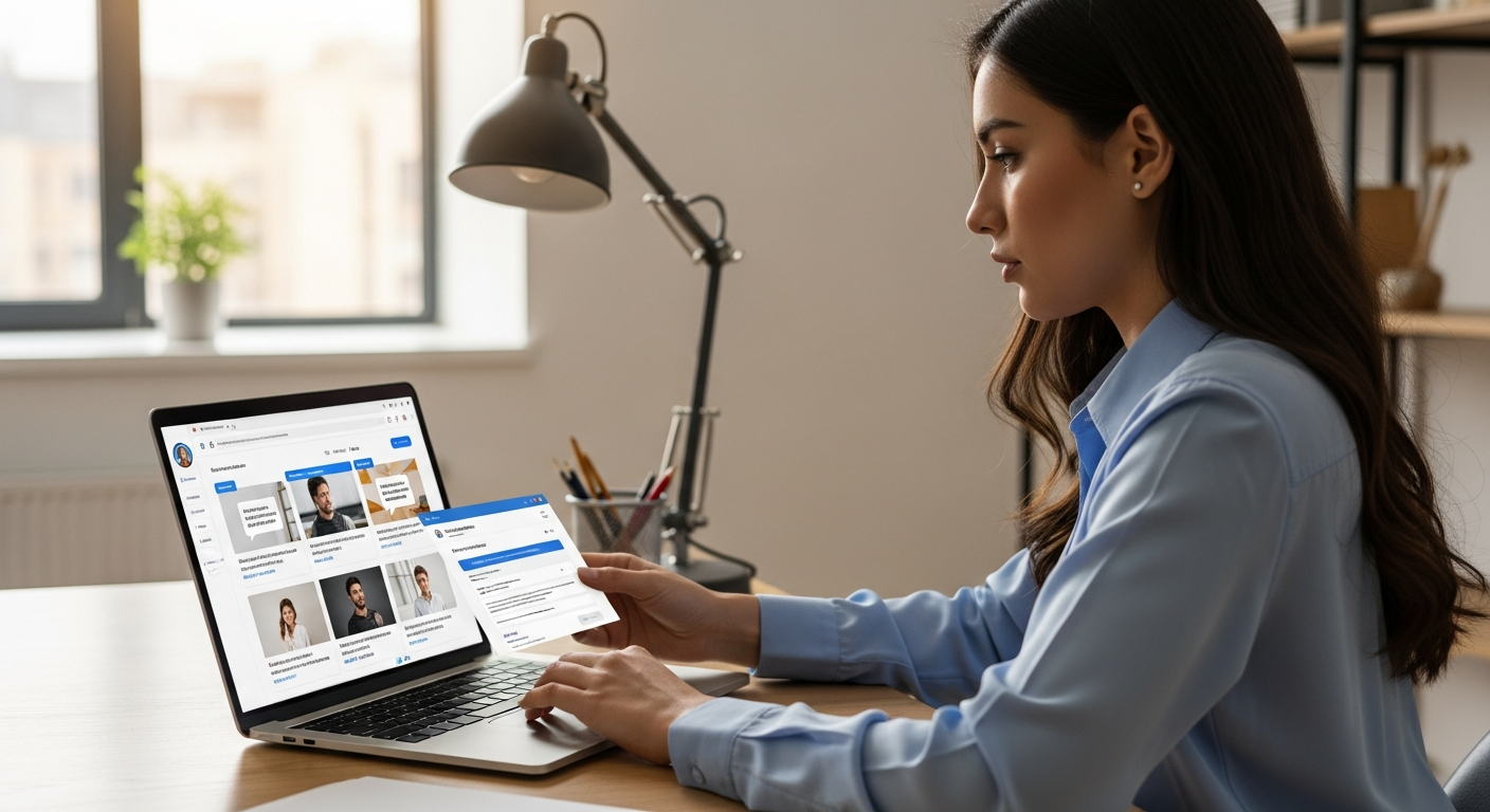 Woman using AI software to create social media content on a laptop.