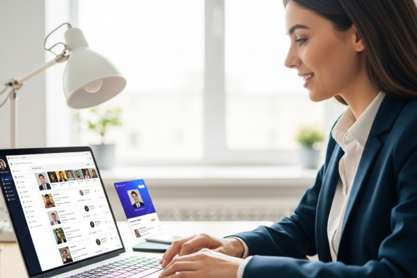 A woman reviews AI-generated social media content on her laptop.