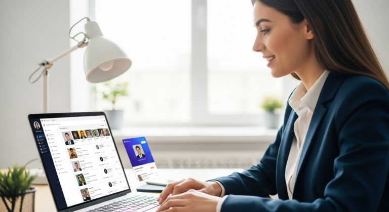A woman reviews AI-generated social media content on her laptop.