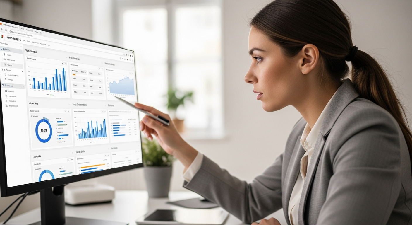A woman analyzes sports data on a computer.