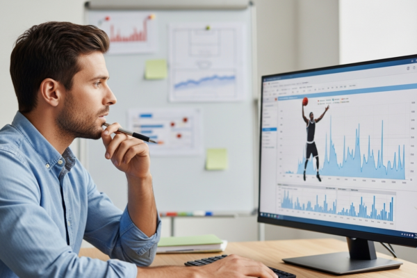 Man analyzes sports data on a computer screen
