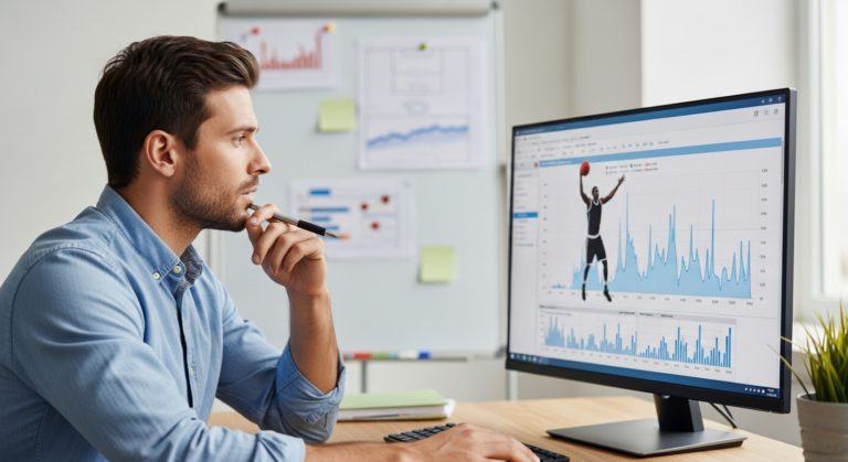 Man analyzes sports data on a computer screen