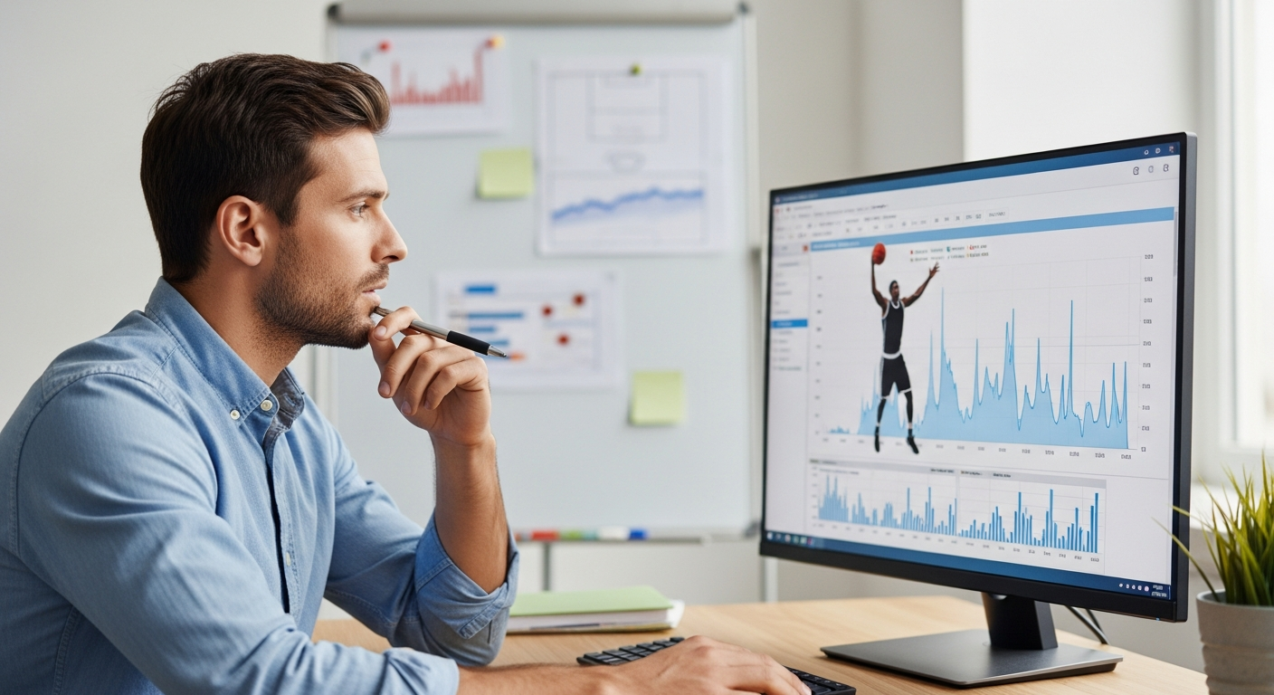 Man analyzes sports data on a computer screen