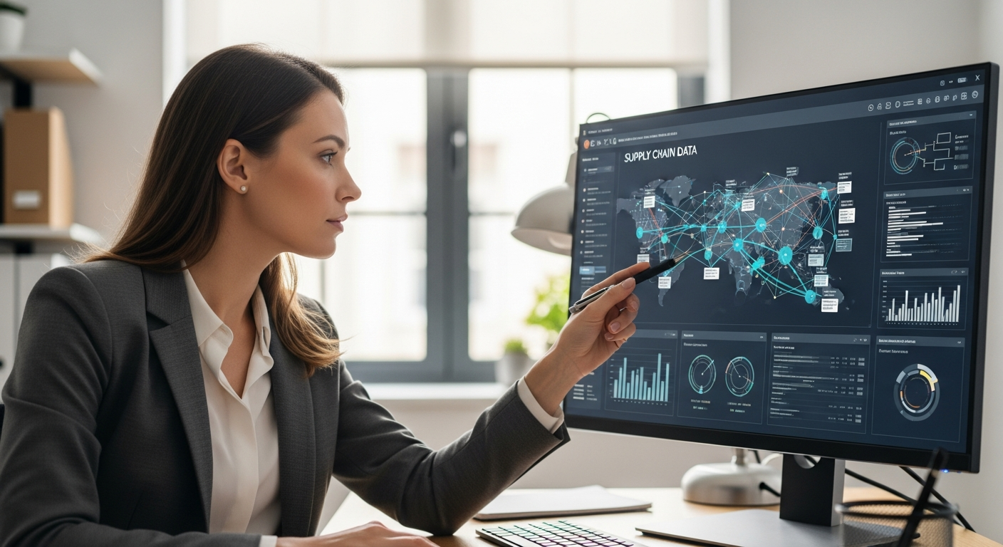 A woman analyzes a supply chain diagram on a computer screen.