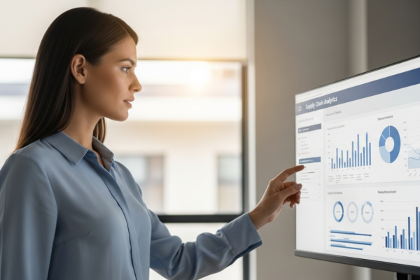 A woman analyzes a supply chain dashboard on a computer screen.