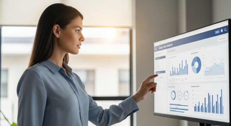 A woman analyzes a supply chain dashboard on a computer screen.