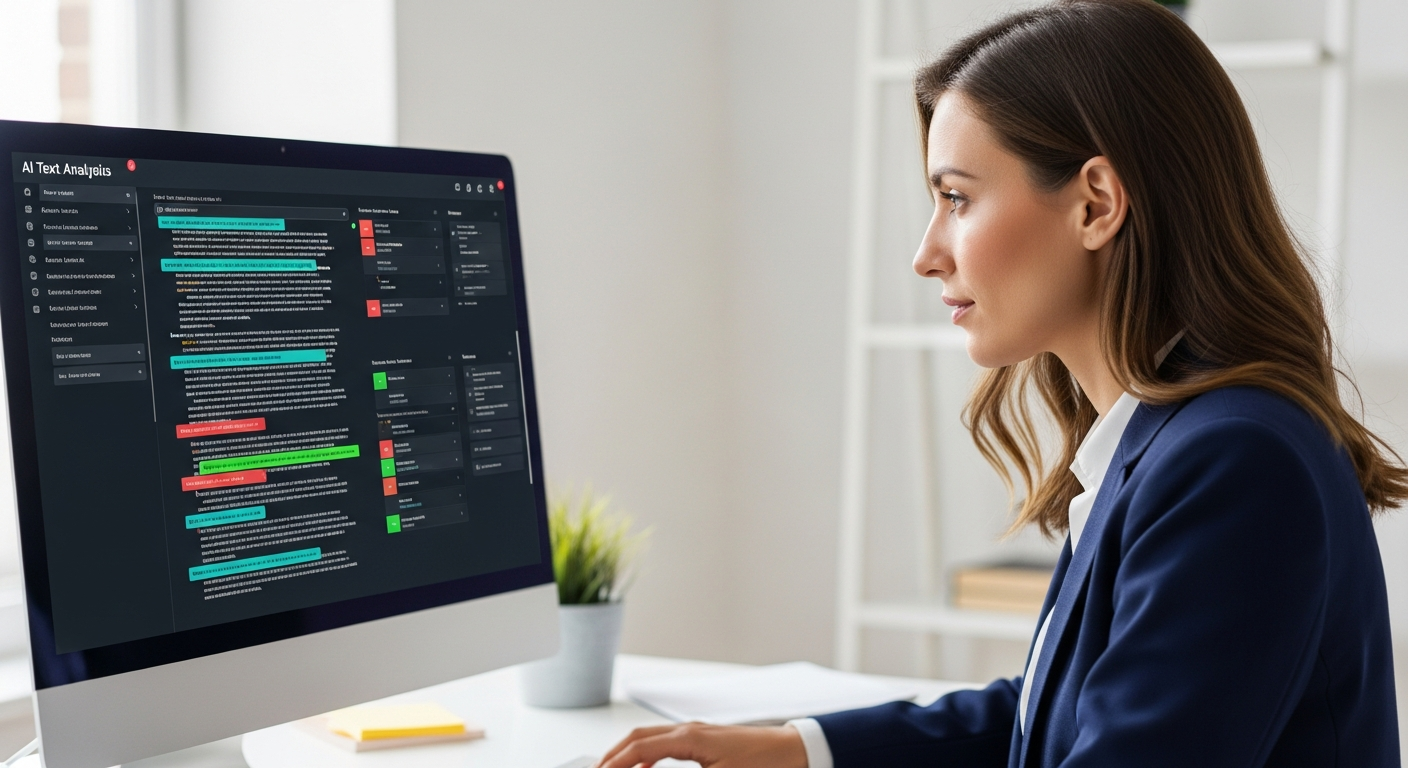 Woman analyzes text using AI software on a computer.