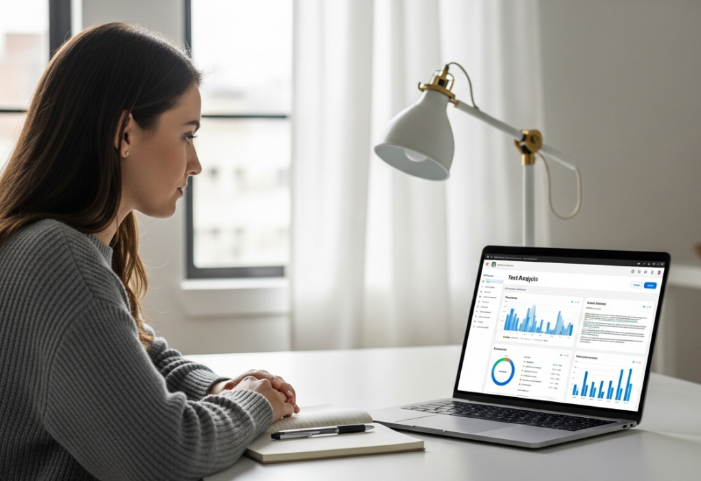 Woman uses a laptop for text analysis