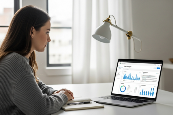 Woman uses a laptop for text analysis